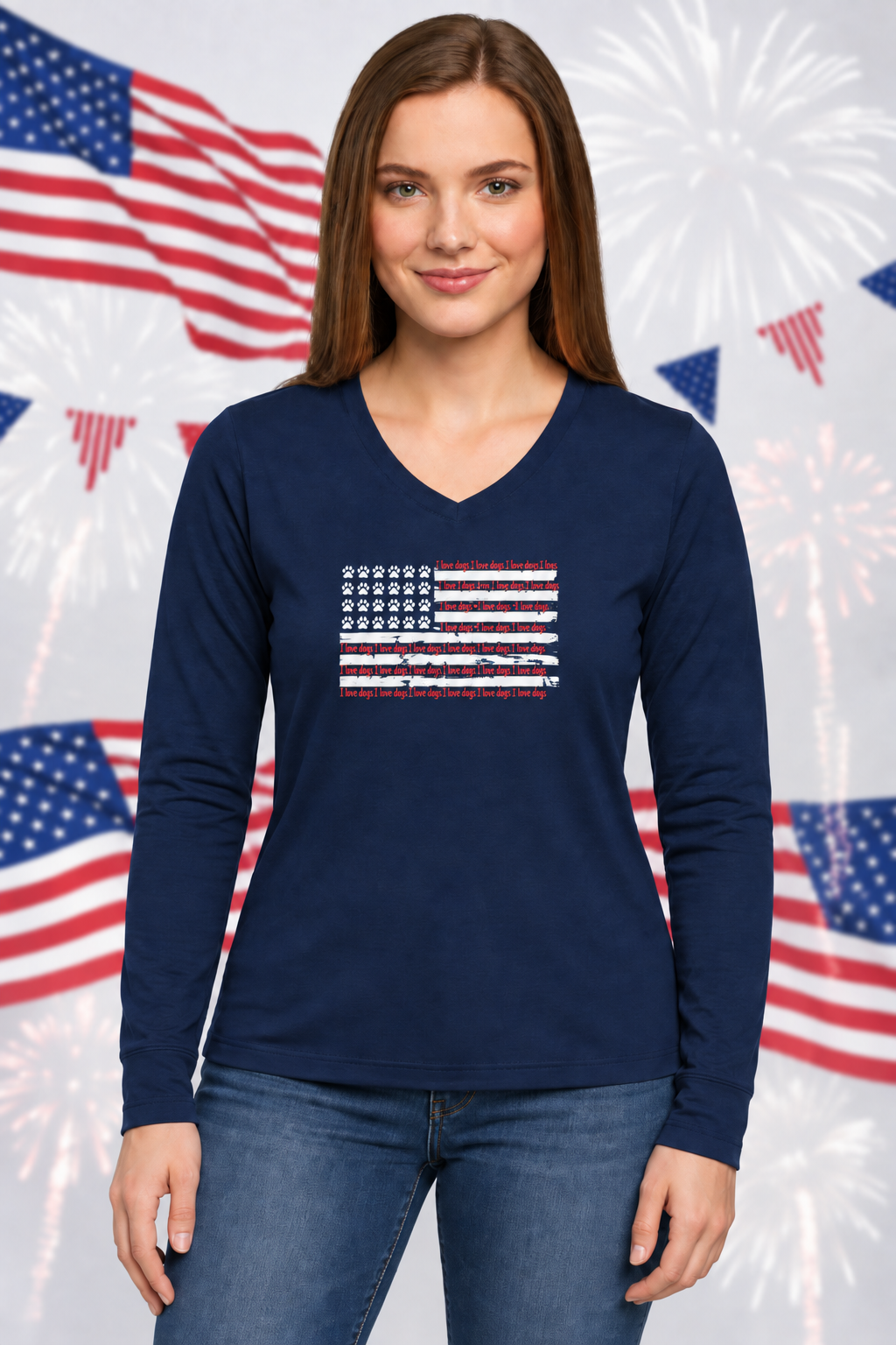 I Love Dogs Flag Long Sleeve Team Navy Women's T Shirt