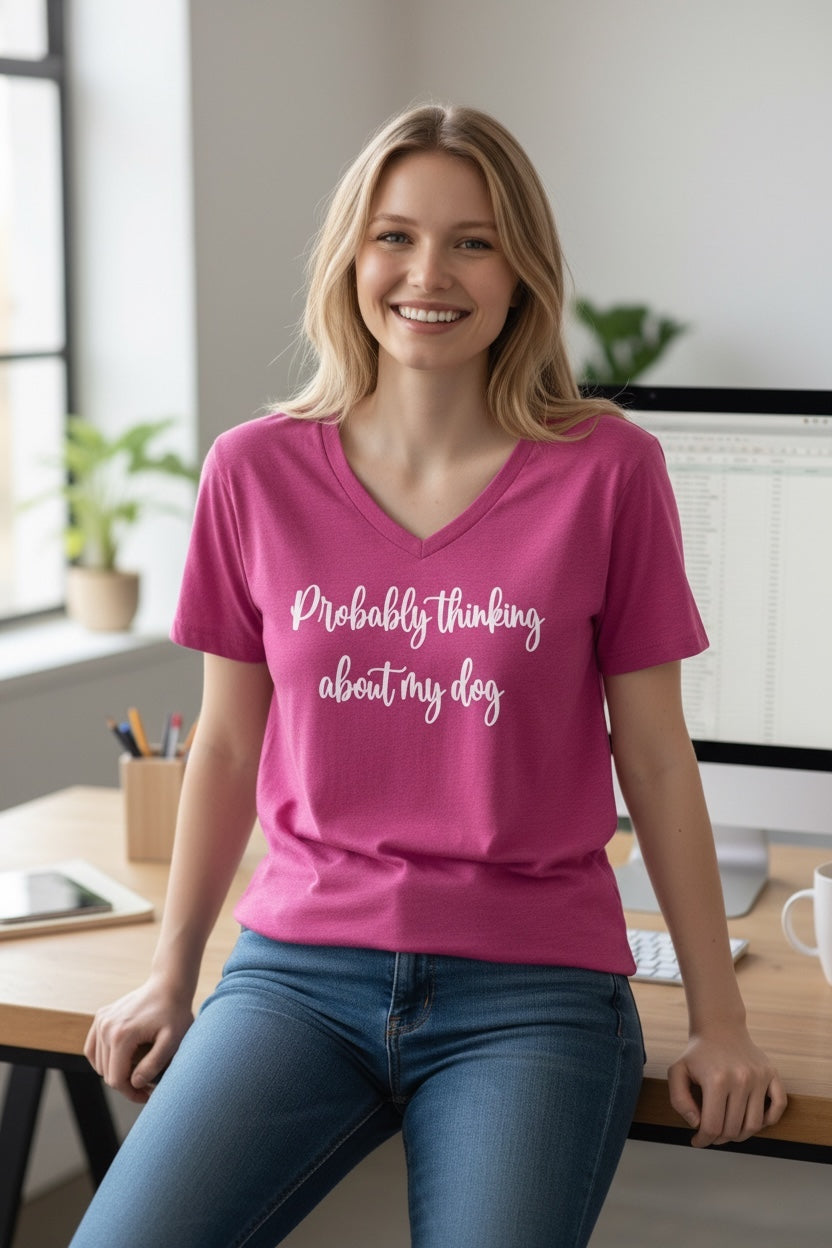 Probably Thinking About My Dog Women's (Hthr Pink) Short Sleeve T Shirt