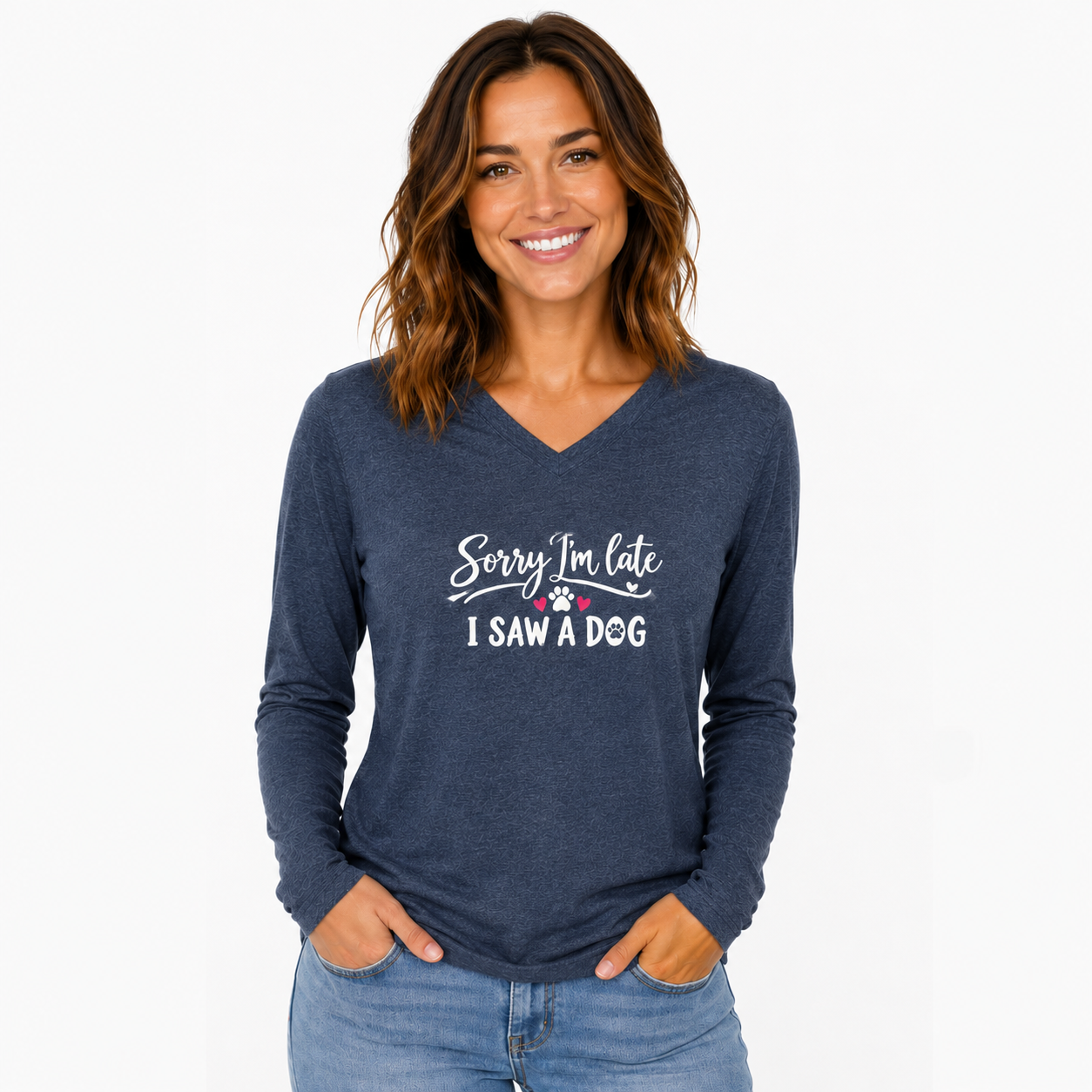 Sorry I'm Late I Saw A Dog L/S Women's Hooded Heathered Navy T Shirt
