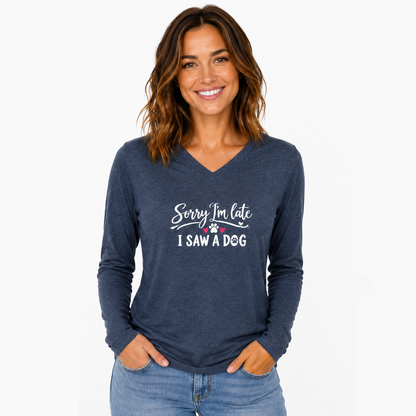 Sorry I'm Late I Saw A Dog L/S Women's Hooded Heathered Navy T Shirt