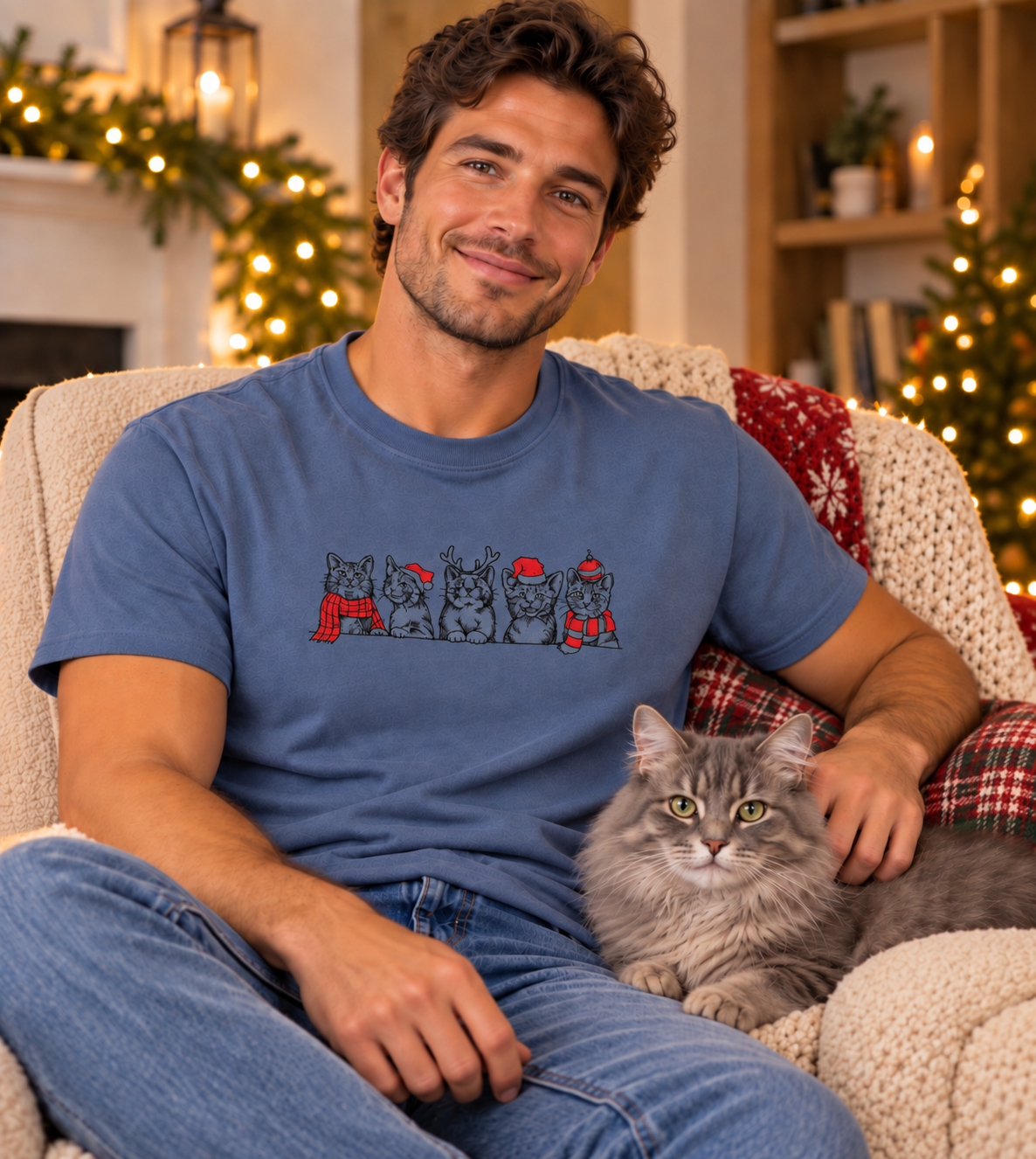 Christmas Cat Embroidered T Shirt (Denim Blue)