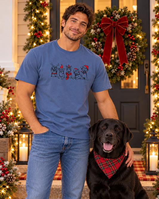 Christmas Dog Embroidered Men's T Shirt (Denim Blue)