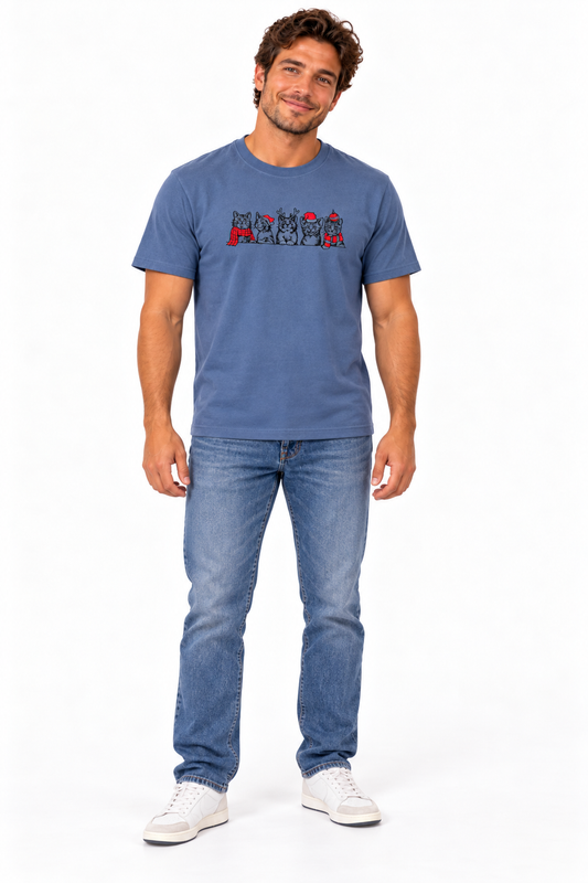 Christmas Cat Embroidered T Shirt (Denim Blue)