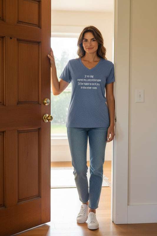 If My Dog Makes You Uncomfortable Women's (Maritime Blue) Short Sleeve T Shirt