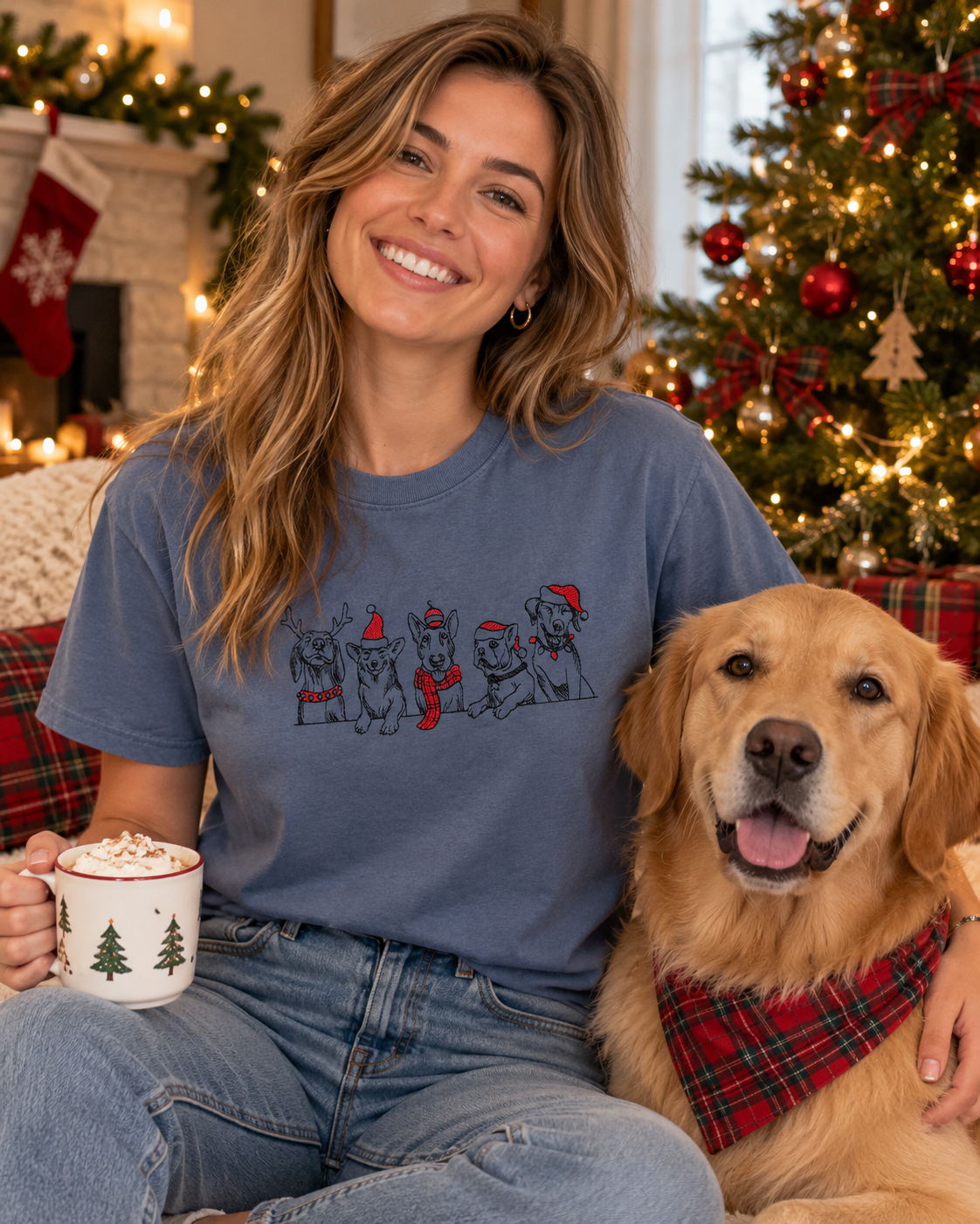 Christmas Dogs Embroidered T Shirt (Denim Blue)