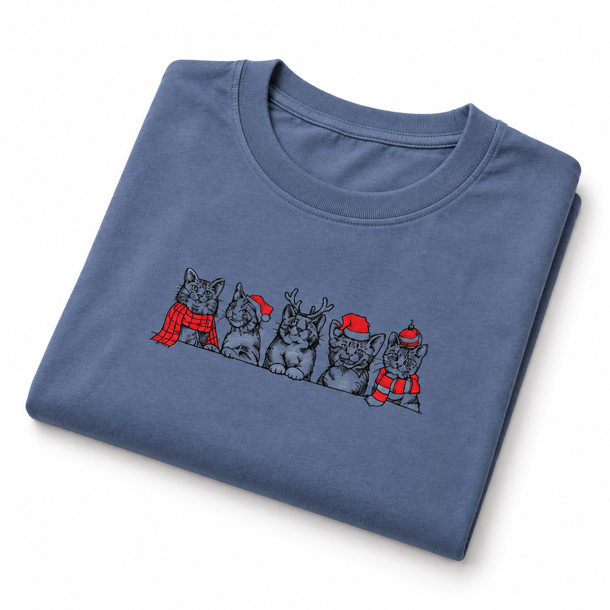 Christmas Cat Embroidered T Shirt (Denim Blue)