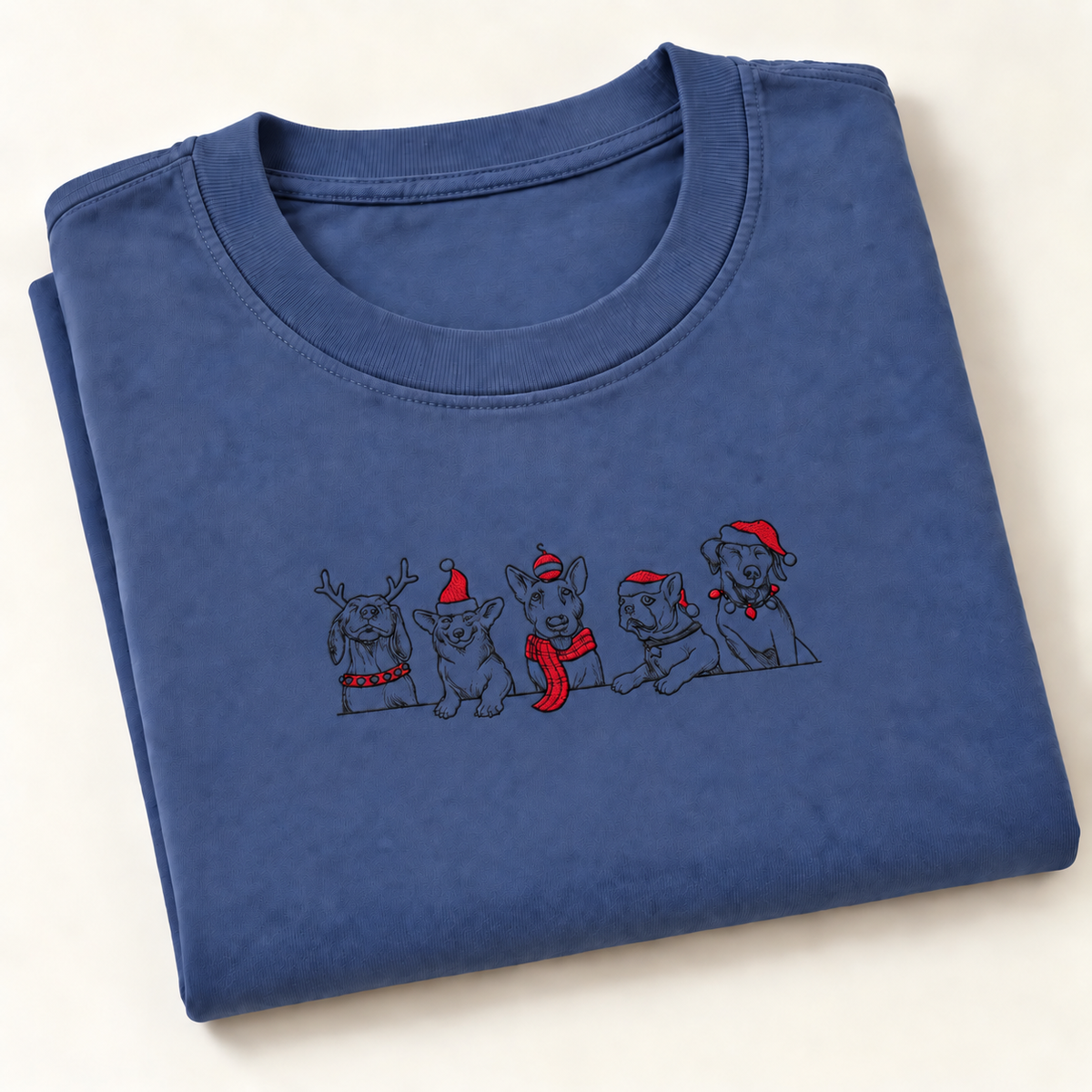 Christmas Dog Embroidered Men's T Shirt (Denim Blue)
