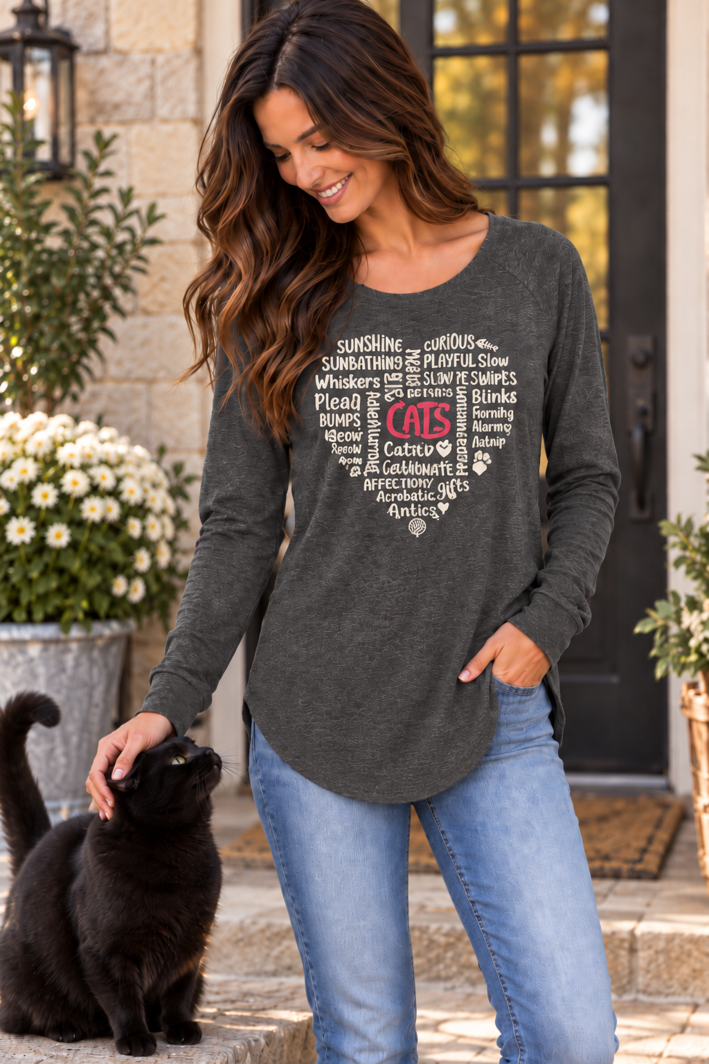 Heart Cat Long Sleeve T Shirt (Heathered Charcoal)