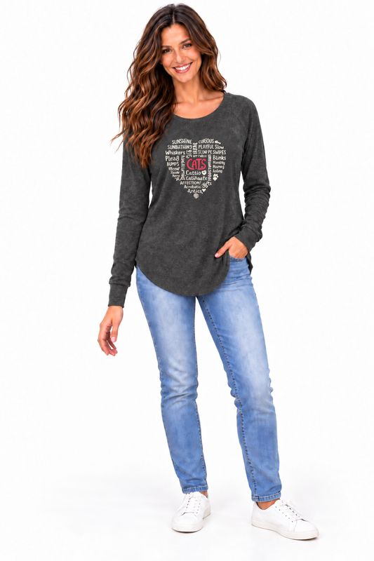 Heart Cat Long Sleeve T Shirt (Black Frost)