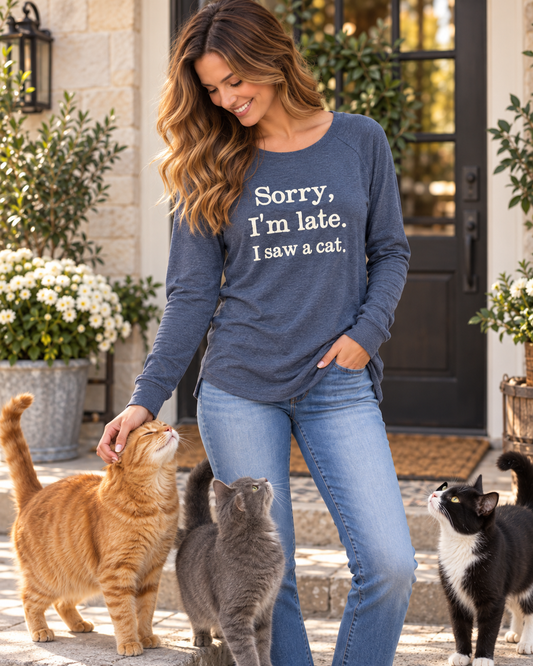 Sorry I'm Late I Saw A Cat Women's Long Sleeve Heathered Navy T Shirt