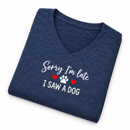 Sorry I'm Late I Saw A Dog Women's Long Sleeve V Neck Heathered Navy T Shirt