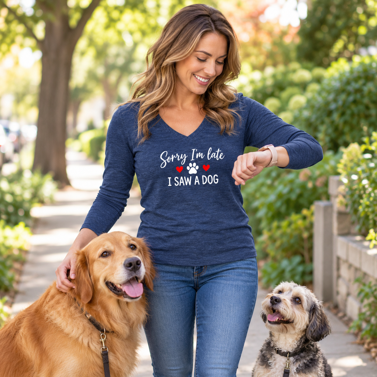 Sorry I'm Late I Saw A Dog Women's Long Sleeve V Neck Heathered Navy T Shirt