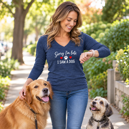 Sorry I'm Late I Saw A Dog Women's Long Sleeve V Neck Heathered Navy T Shirt