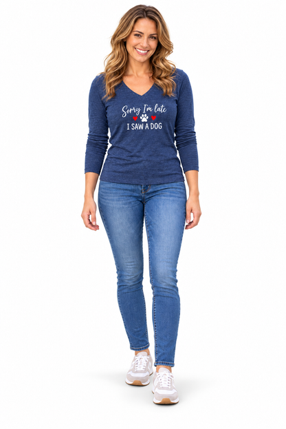 Sorry I'm Late I Saw A Dog Women's Long Sleeve V Neck Heathered Navy T Shirt